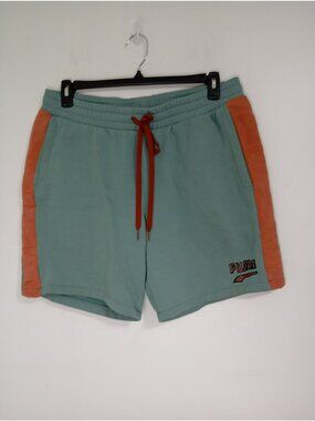 Puma Mens XL Mint Green & Orange Drawstring Shorts Cotton Blend Lightweight